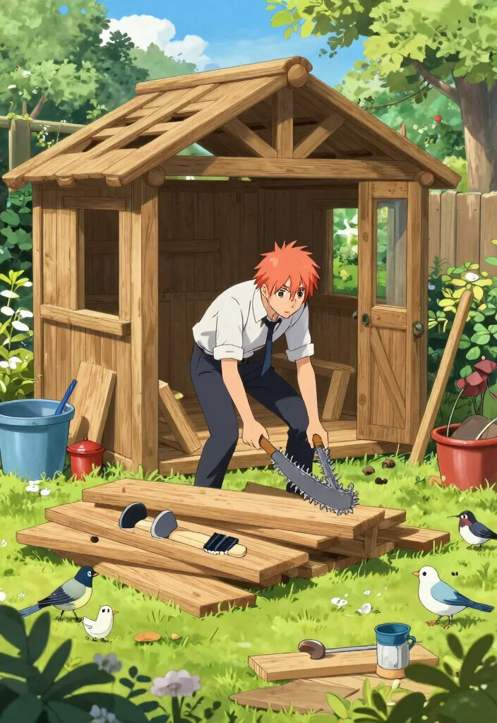 11 Cool Chainsaw Man Drawing Ideas for Artists 5. Chainsaw Man Building a Garden Shed 0