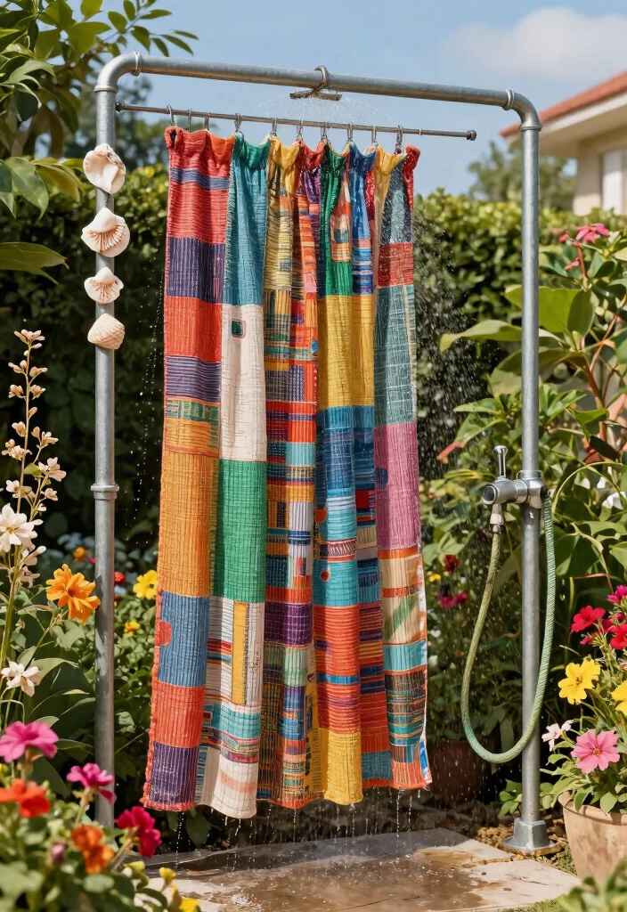 11 Fun Outdoor Shower Ideas DIY Garden Hose Summer Cool 3. Recycled Shower Curtain Oasis 0