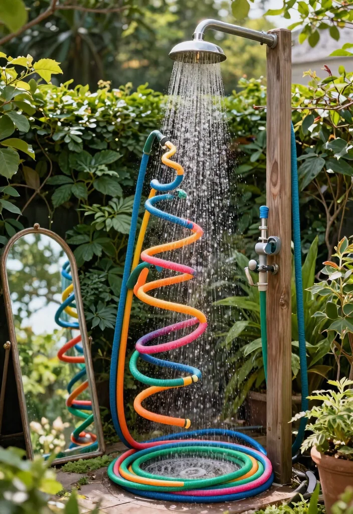 11 Fun Outdoor Shower Ideas DIY Garden Hose Summer Cool 5. Garden Hose Art Shower 0