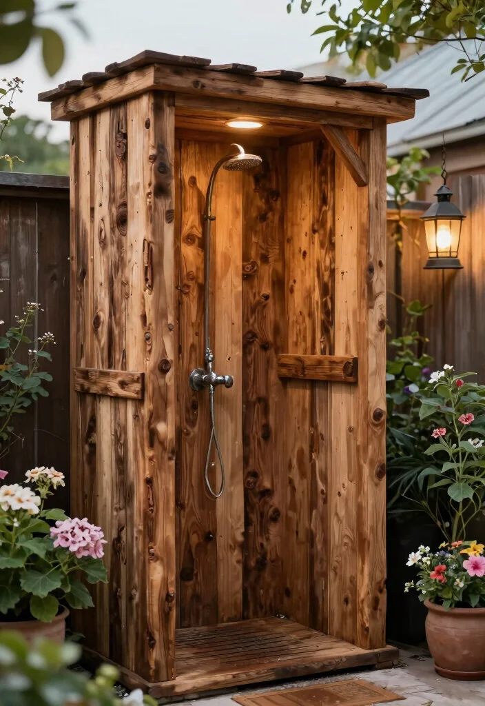 11 Fun Outdoor Shower Ideas DIY Garden Hose Summer Cool 8. Rustic Wood Shower 0
