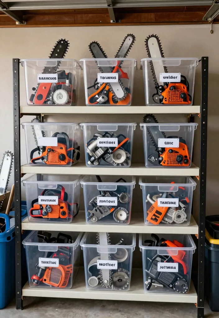 11 Practical Chainsaw Organization Ideas Garage Hacks 7. Clear Storage Bins 0