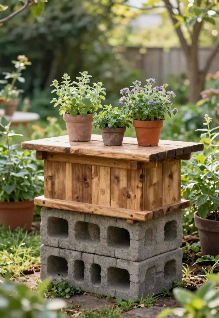 11 Solid Rain Barrel Base Ideas DIY Cinder Block Stands 5. Rustic Wooden Top on Cinder Blocks 0