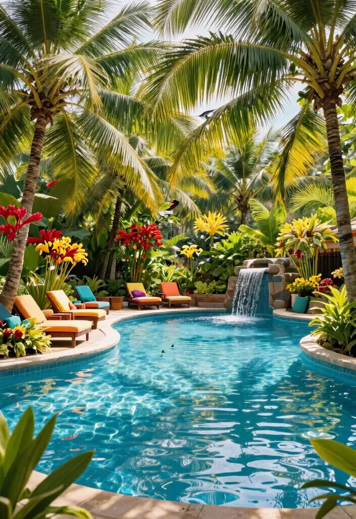 13 Dreamy Screen Pool Terrace Ideas to Keep the Bugs Out 1. Tropical Oasis with Lush Greenery 0