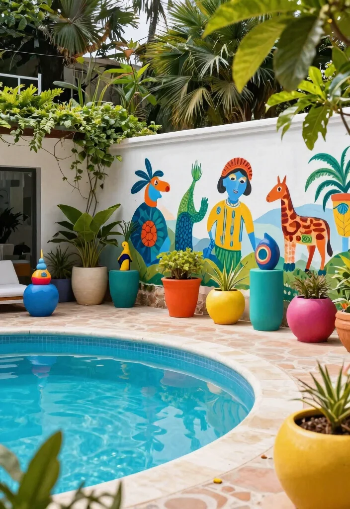 13 Dreamy Screen Pool Terrace Ideas to Keep the Bugs Out 11. Artistic Poolside Decor 0