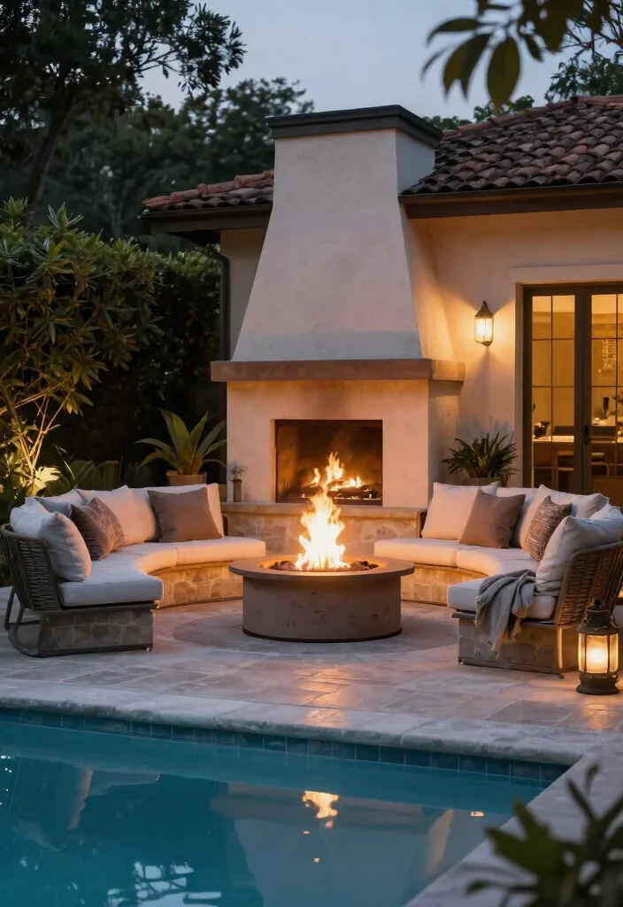 13 Dreamy Screen Pool Terrace Ideas to Keep the Bugs Out 12. Fire Pit for Nights by the Pool 0