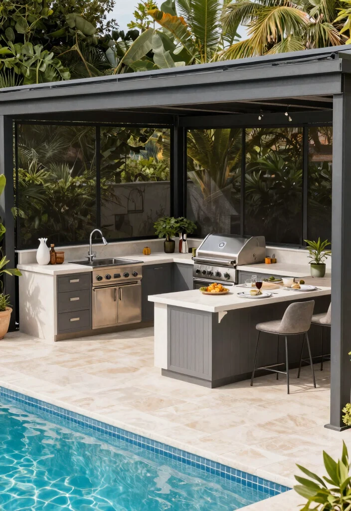 13 Dreamy Screen Pool Terrace Ideas to Keep the Bugs Out 7. Outdoor Kitchen Delight 0