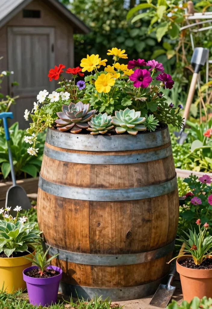 13 Easy Rain Barrel Installation Ideas for Beginners Pro Guide 1. Decorative Planter Rain Barrel 0