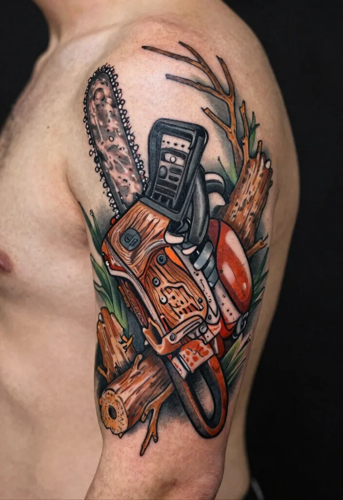 15 Badass Chainsaw Tattoo Ideas for Lumberjacks Must See 1. Vintage Chainsaw with Wood Elements 0