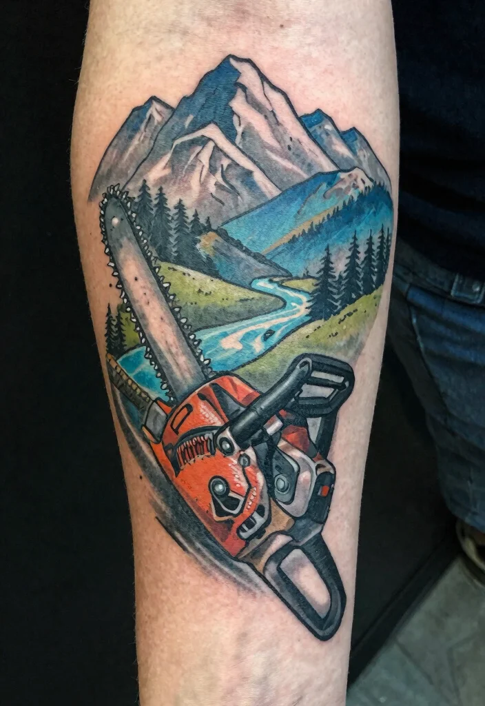 15 Badass Chainsaw Tattoo Ideas for Lumberjacks Must See 11. Chainsaw with Adventure Elements 0
