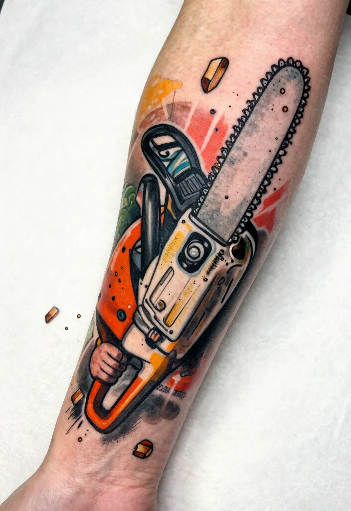 15 Badass Chainsaw Tattoo Ideas for Lumberjacks Must See 12. Chainsaw in Action 0