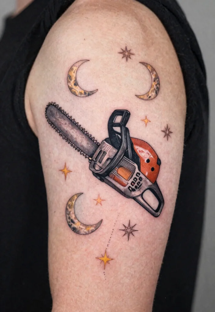 15 Badass Chainsaw Tattoo Ideas for Lumberjacks Must See 13. Chainsaw with Celestial Imagery 0