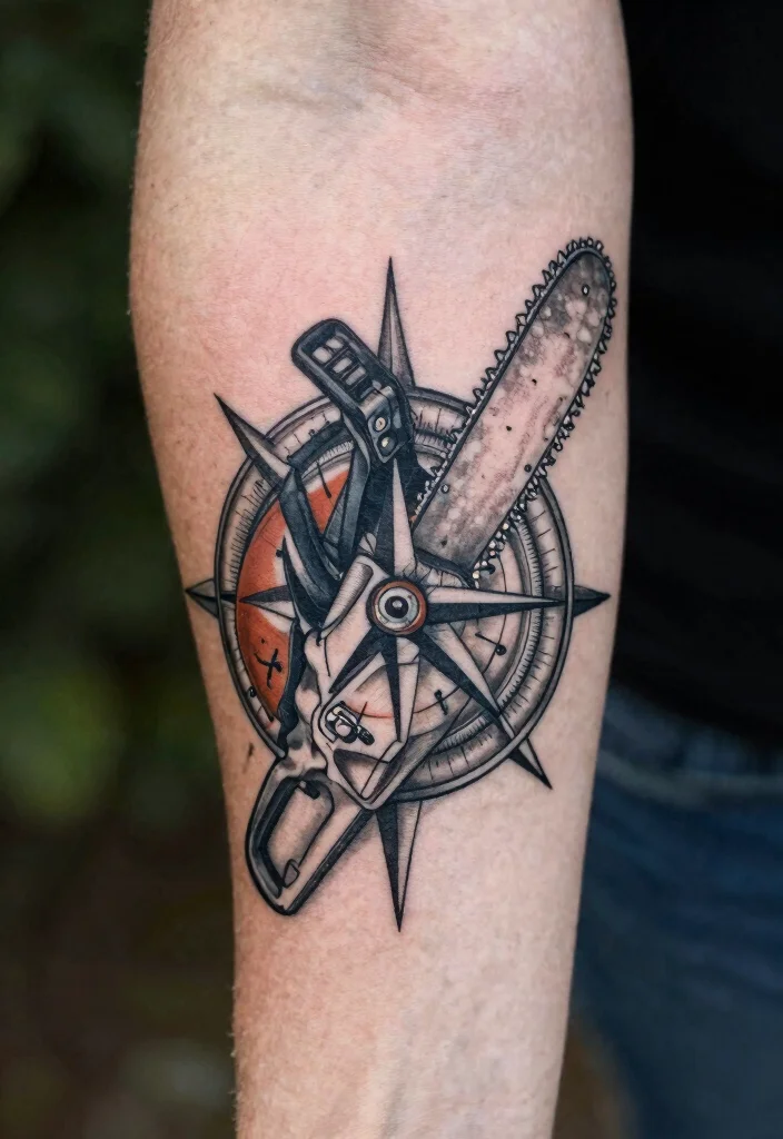 15 Badass Chainsaw Tattoo Ideas for Lumberjacks Must See 14. Chainsaw and Compass Tattoo 0