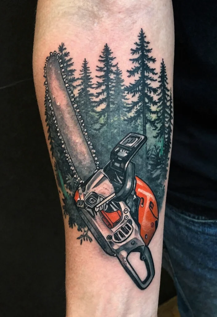 15 Badass Chainsaw Tattoo Ideas for Lumberjacks Must See 2. Chainsaw with Forest Silhouette 0