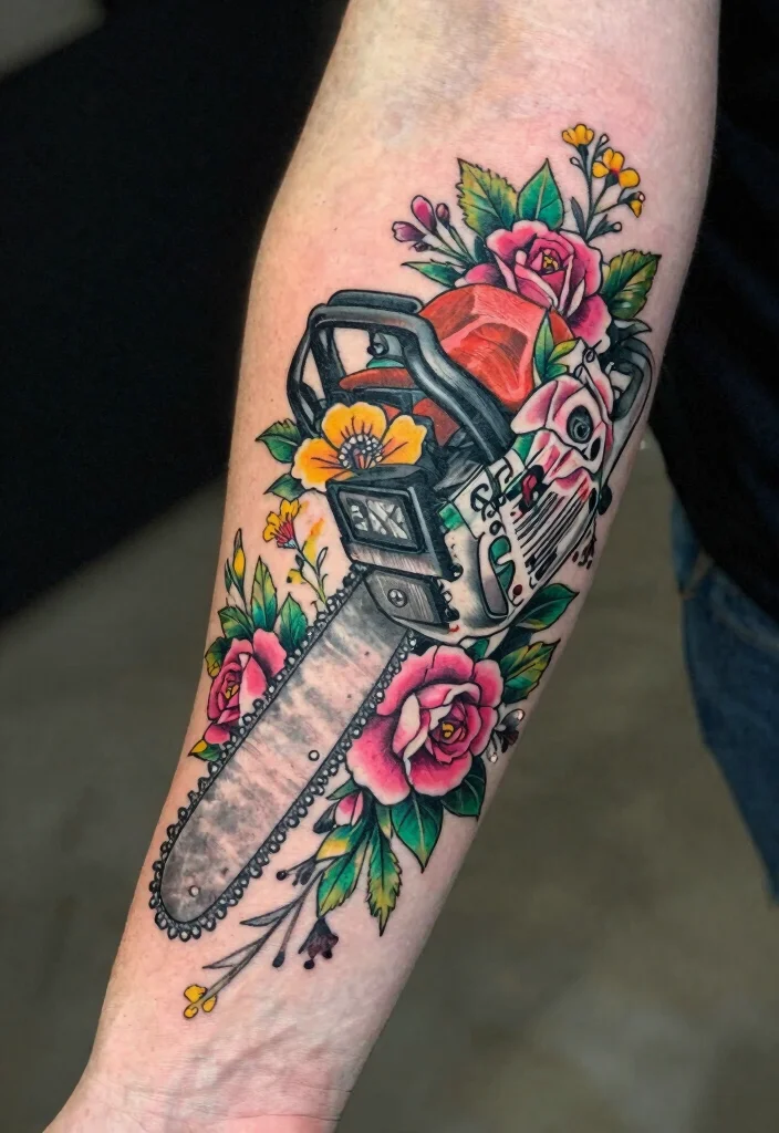 15 Badass Chainsaw Tattoo Ideas for Lumberjacks Must See 3. Floral Chainsaw Tattoo 0