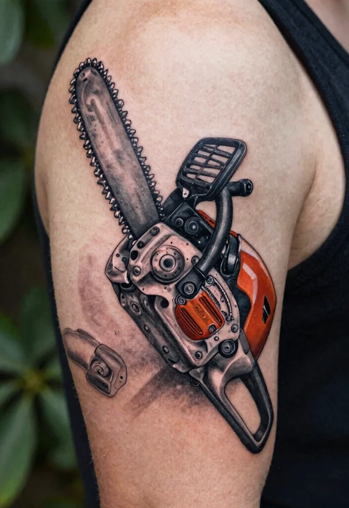 15 Badass Chainsaw Tattoo Ideas for Lumberjacks Must See 4. Realistic Chainsaw Design 0