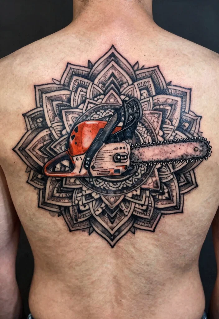 15 Badass Chainsaw Tattoo Ideas for Lumberjacks Must See 5. Chainsaw Mandala Tattoo 0