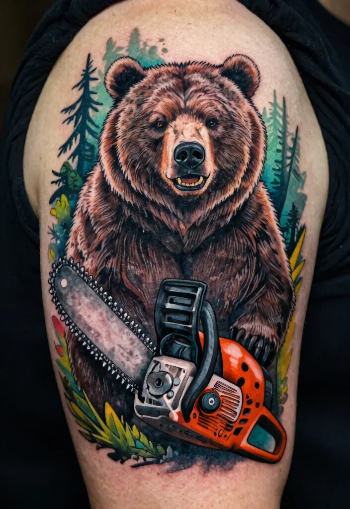 15 Badass Chainsaw Tattoo Ideas for Lumberjacks Must See 6. Chainsaw and Bear Tattoo 0