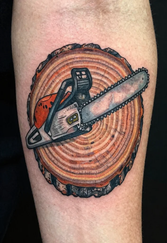 15 Badass Chainsaw Tattoo Ideas for Lumberjacks Must See 8. Chainsaw and Tree Rings 0
