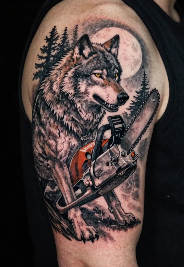 15 Badass Chainsaw Tattoo Ideas for Lumberjacks Must See 9. Chainsaw with Wolf Imagery 0