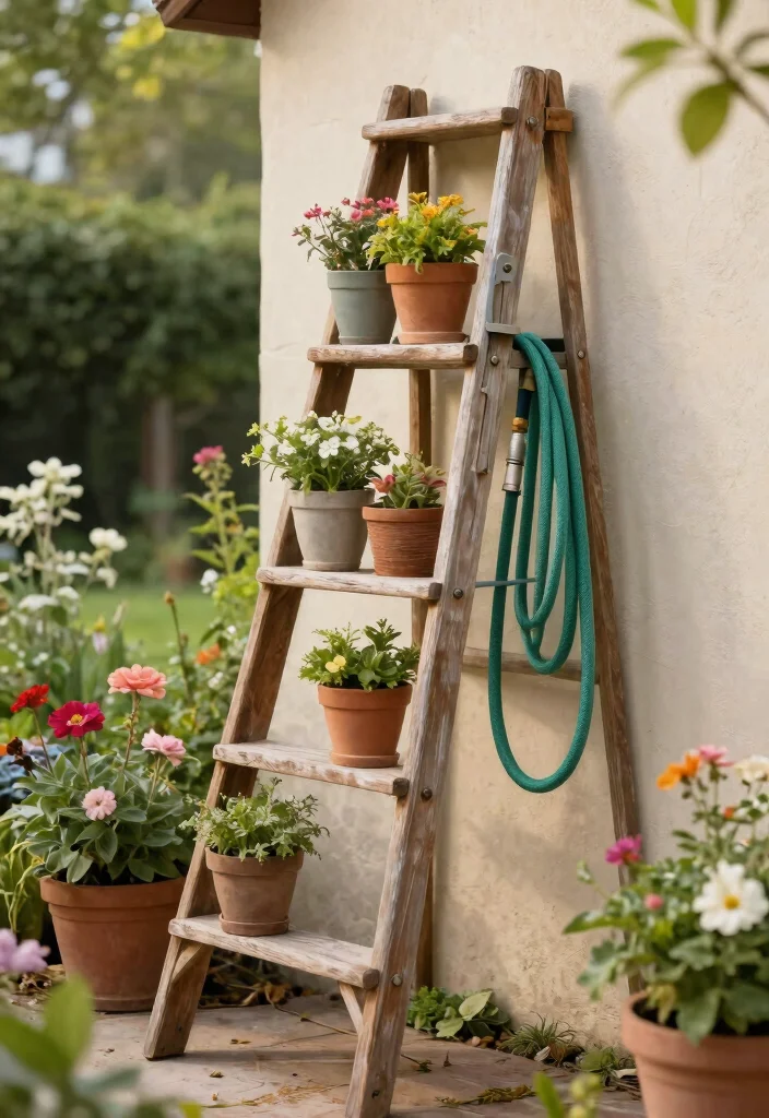 15 Clever Garden Hose Holder DIY Ideas Hide the Mess 10. Vintage Ladder Hose Holder 0