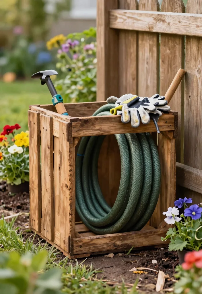 15 Clever Garden Hose Holder DIY Ideas Hide the Mess 4. Repurposed Wooden Crate 0