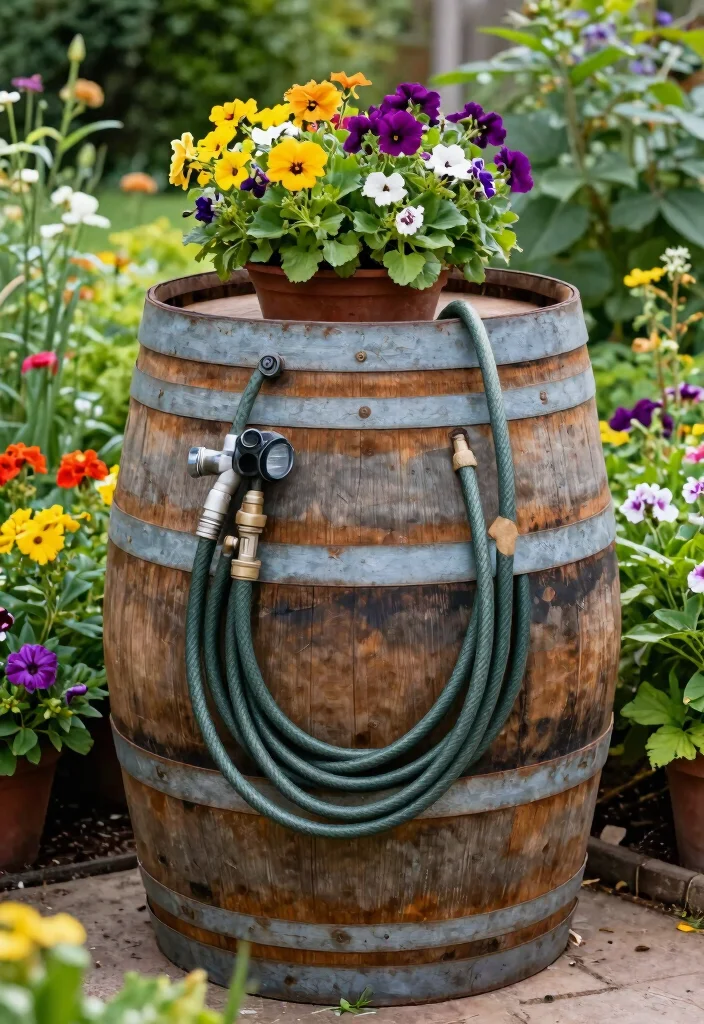 15 Clever Garden Hose Holder DIY Ideas Hide the Mess 6. Creative Wine Barrel Storage 0