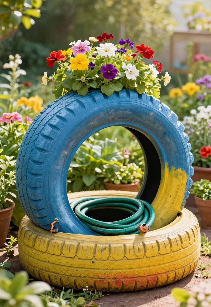 15 Clever Garden Hose Holder DIY Ideas Hide the Mess 9. Upcycled Tire Planter Hose Holder 0