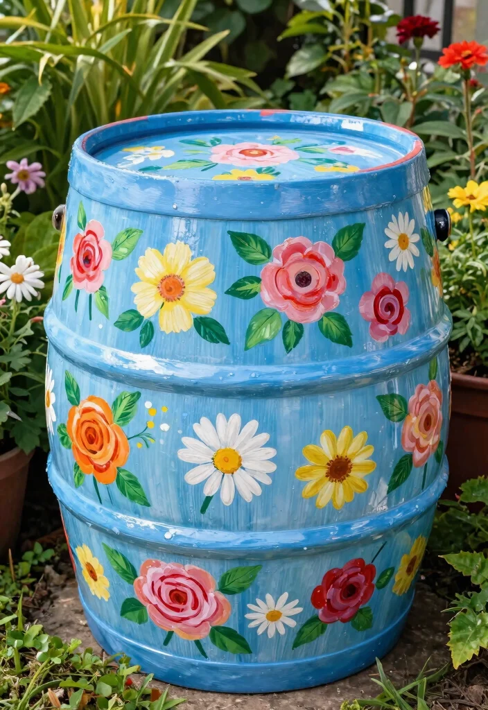 15 Cute Rain Barrel Painting Ideas to Hide Ugly Plastic 1 15 Cute Rain Barrel Painting Ideas to Hide Ugly Plastic 1. Floral Fantasia 0