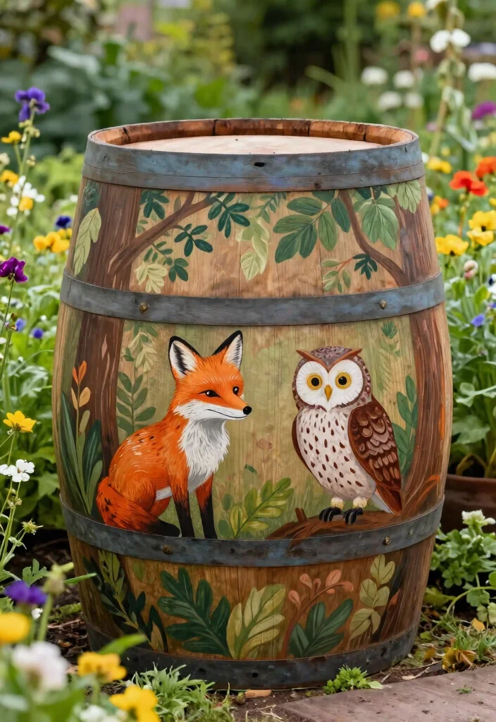 15 Cute Rain Barrel Painting Ideas to Hide Ugly Plastic 2 15 Cute Rain Barrel Painting Ideas to Hide Ugly Plastic 2. Whimsical Woodland Creatures 0