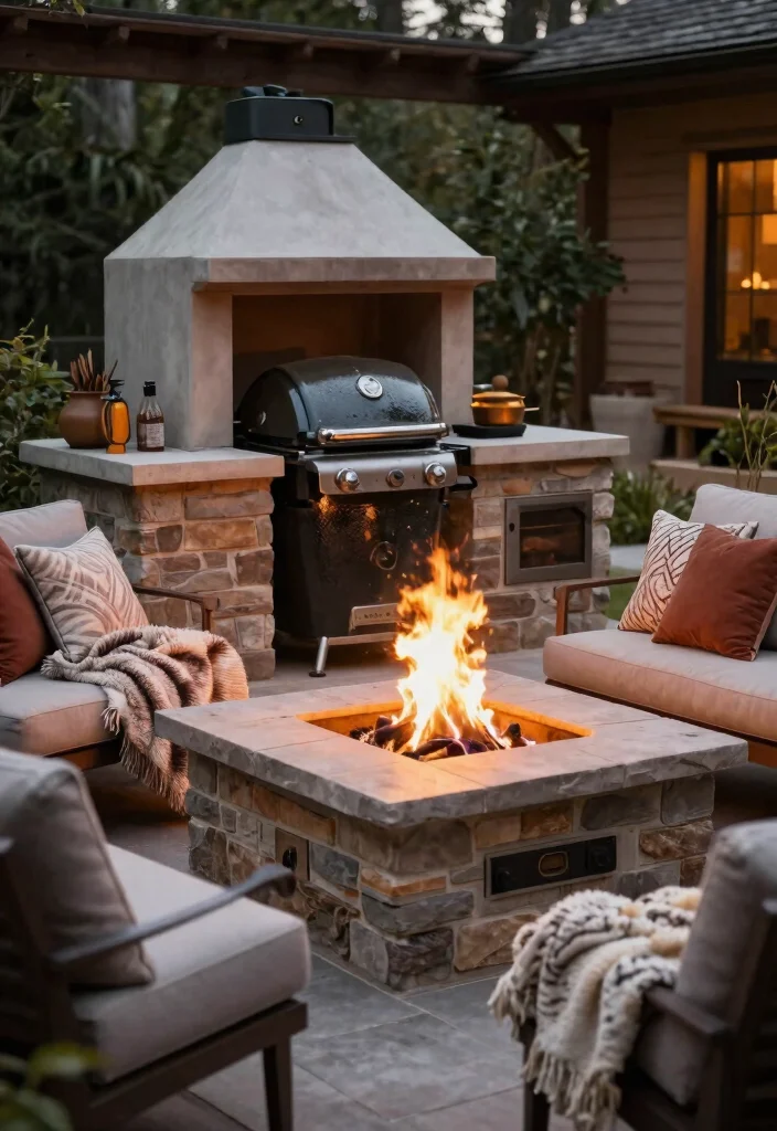 15 Dreamy Kamado Grill Island Ideas for Luxury Patios 6 15 Dreamy Kamado Grill Island Ideas for Luxury Patios 6. Cozy Fire Pit Integration 0