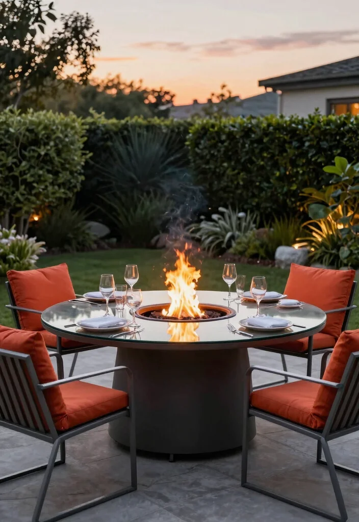 15 Elegant Fire Pit Dining Table Ideas for Outdoor Meals 1. Contemporary Round Fire Pit Table 0