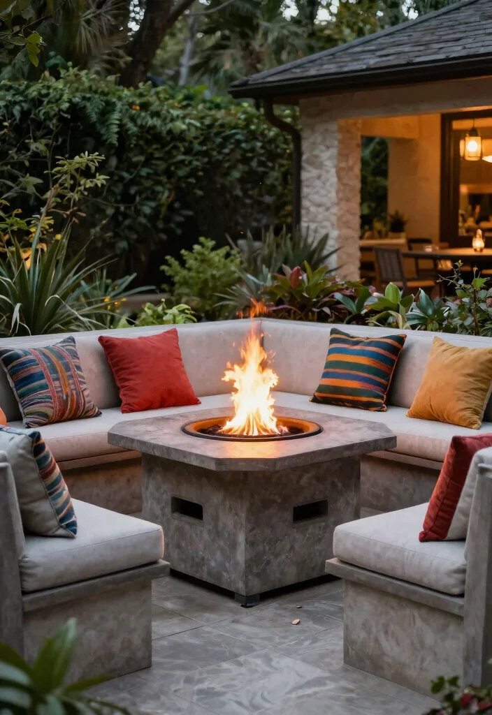 15 Elegant Fire Pit Dining Table Ideas for Outdoor Meals 10. Fire Pit Table with Built in Seating 0