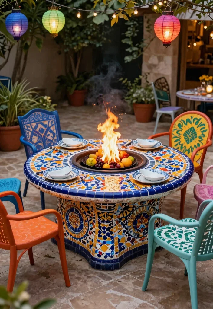15 Elegant Fire Pit Dining Table Ideas for Outdoor Meals 11. Artistic Mosaic Fire Pit Table 0