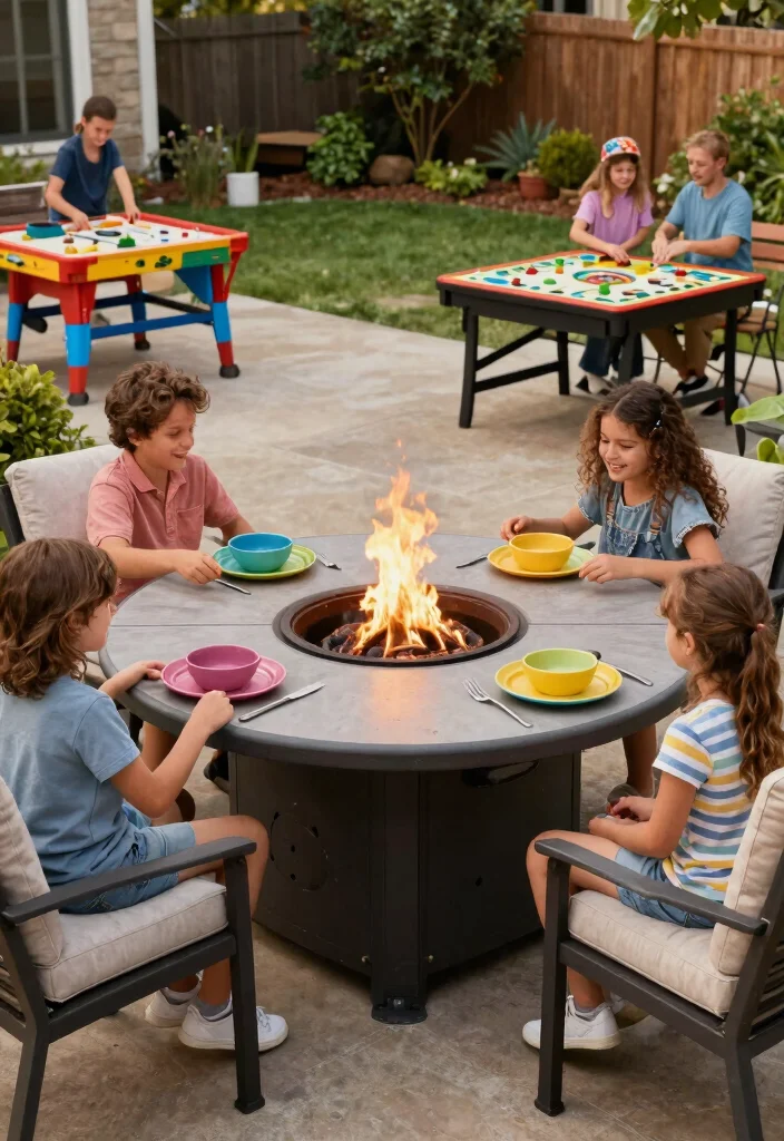 15 Elegant Fire Pit Dining Table Ideas for Outdoor Meals 13. Family Friendly Fire Pit Table 0