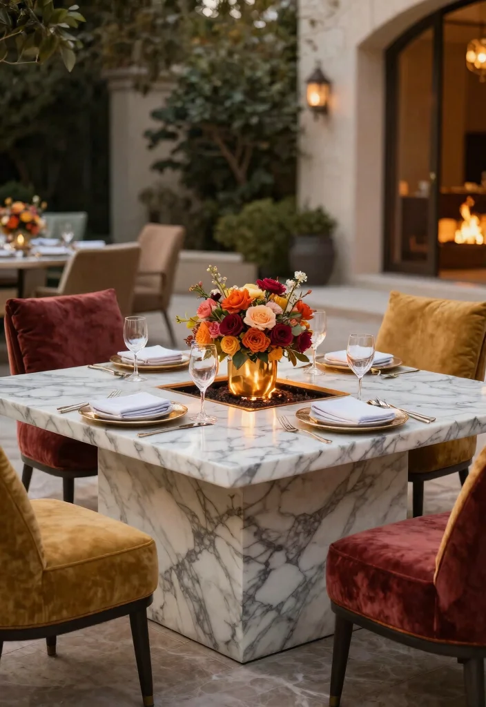 15 Elegant Fire Pit Dining Table Ideas for Outdoor Meals 3. Luxurious Marble Fire Pit Table 0