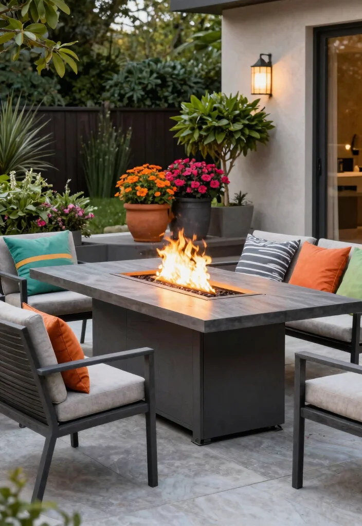 15 Elegant Fire Pit Dining Table Ideas for Outdoor Meals 5. Stylish Composite Fire Pit Table 0