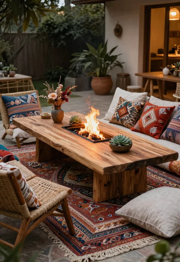 15 Elegant Fire Pit Dining Table Ideas for Outdoor Meals 6. Boho Chic Fire Pit Table 0