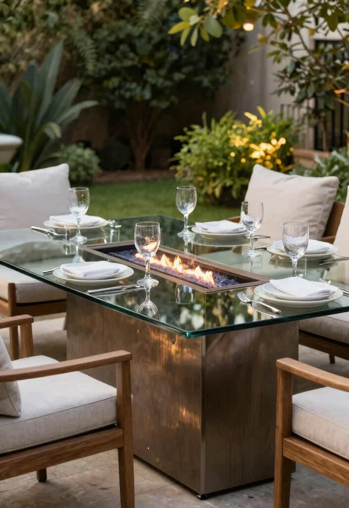 15 Elegant Fire Pit Dining Table Ideas for Outdoor Meals 7. Elegant Glass Top Fire Pit Table 0