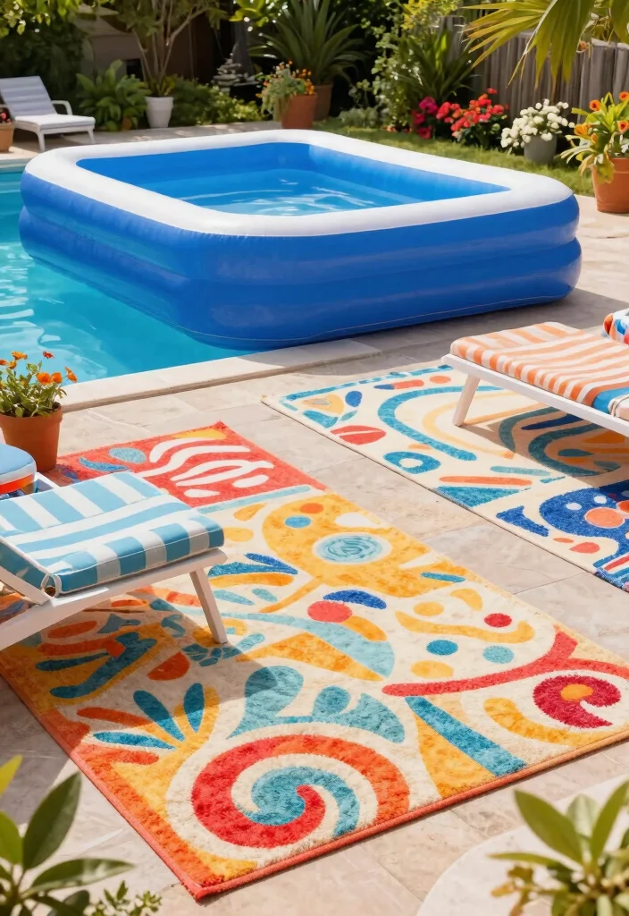 15 Stunning Inflatable Pool Deck Ideas Make It Look Built In 9. Colorful Outdoor Rugs 0