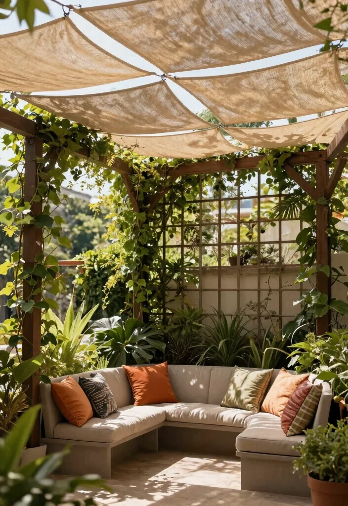 17 Stylish Outdoor Patio Barrier Ideas for Wind Protection 13. Trellis with Shade Cloth 0