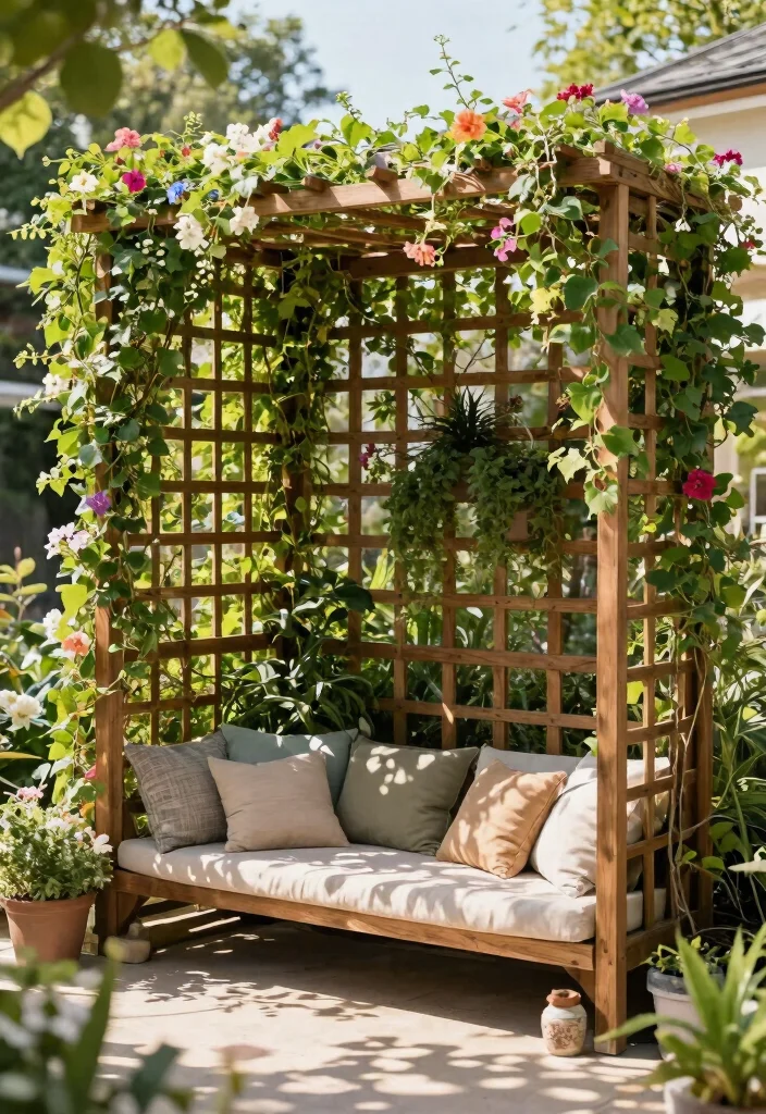 17 Stylish Outdoor Patio Barrier Ideas for Wind Protection 5. Trellis with Climbing Vines 0