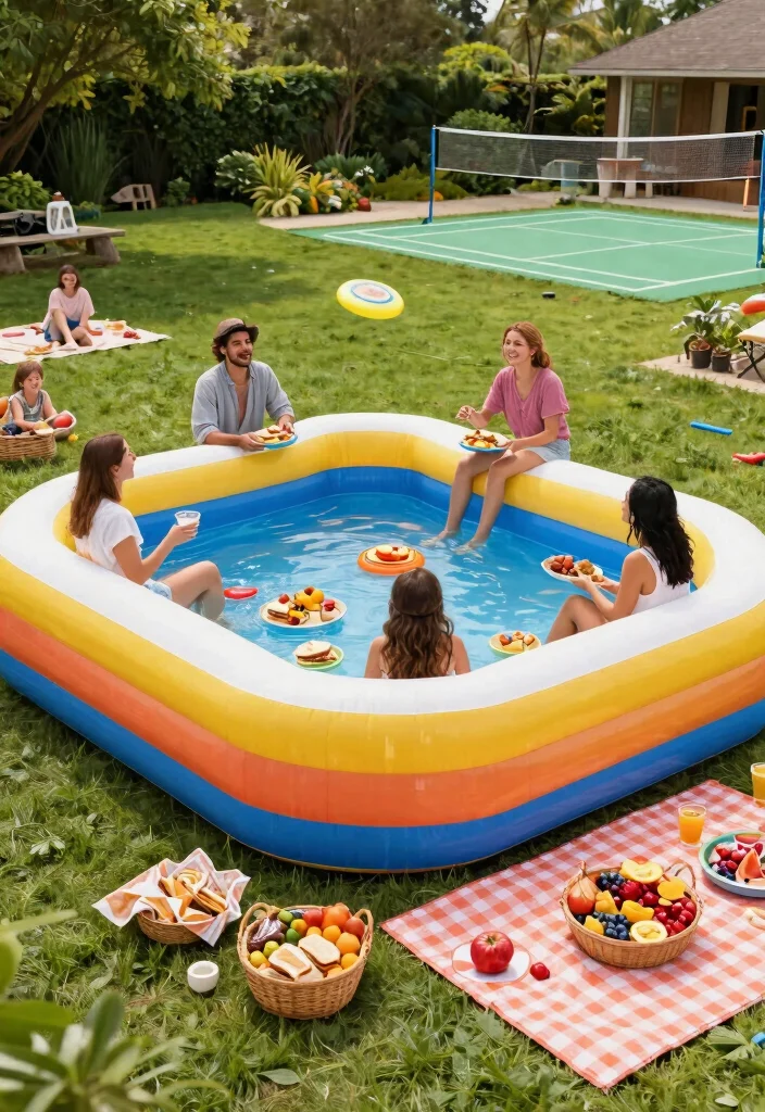 21 Fun Inflatable Pool Ideas for Your Backyard Summer Setup Must See 10. Picnic Pool Bash 0