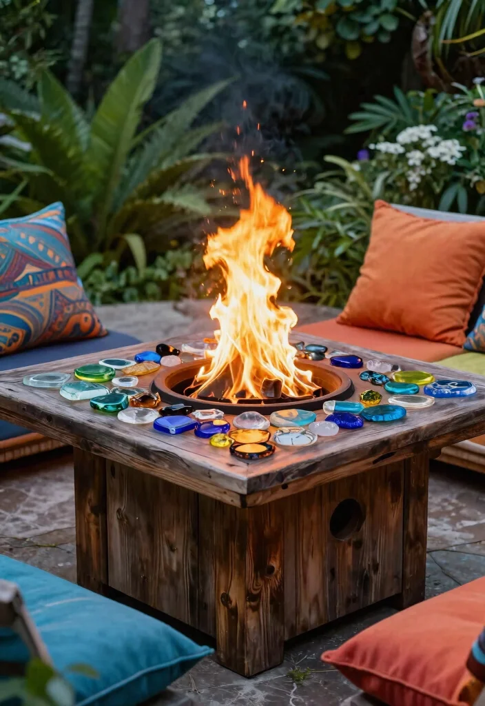 21 Stunning Fire Pit Table Ideas for Outdoor Entertaining 11. Fire Pit Table with Recycled Glass 0