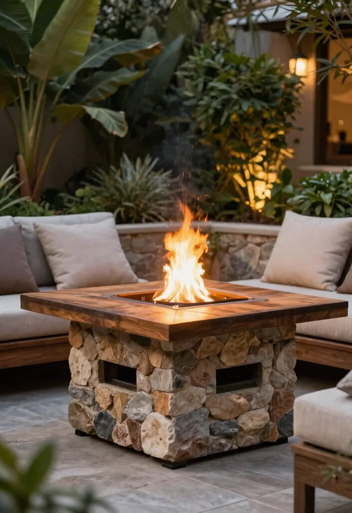 21 Stunning Fire Pit Table Ideas for Outdoor Entertaining 12. Fire Pit Table with a Stone Base 0