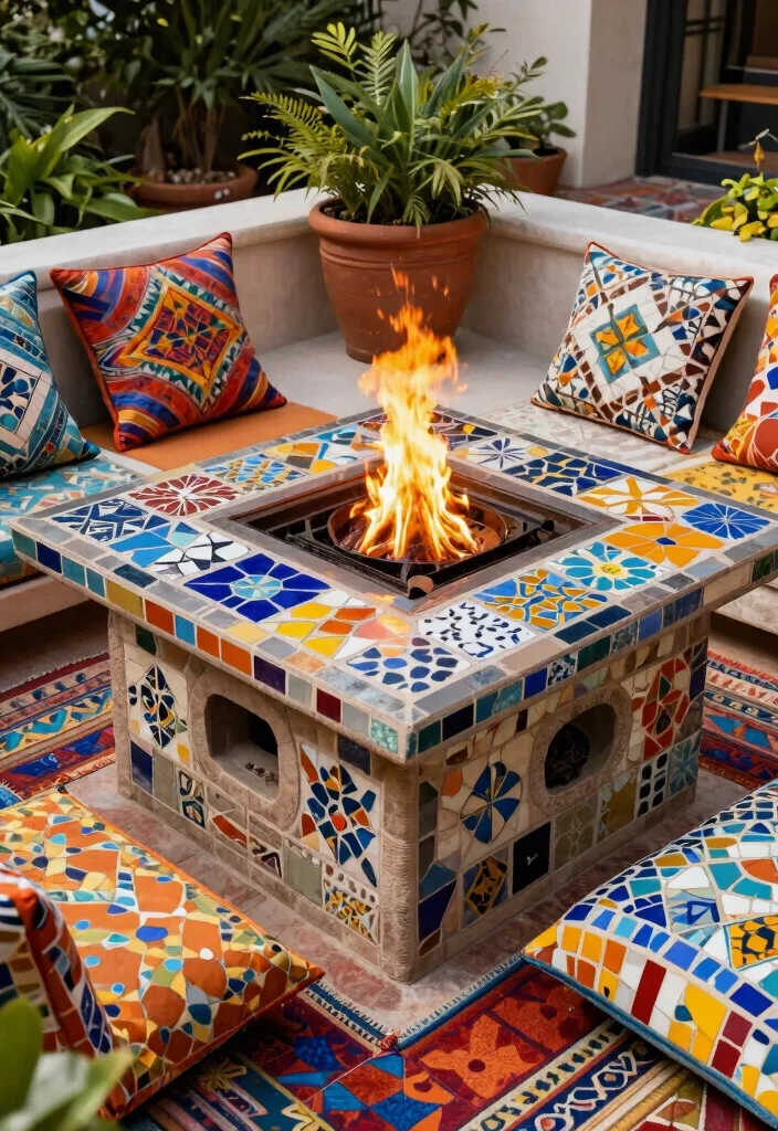 21 Stunning Fire Pit Table Ideas for Outdoor Entertaining 13. Fire Pit Table with Mosaic Tiles 0