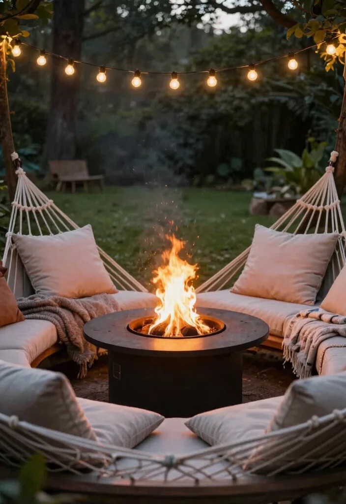21 Stunning Fire Pit Table Ideas for Outdoor Entertaining 20. Fire Pit Table with Hammock Seating 0