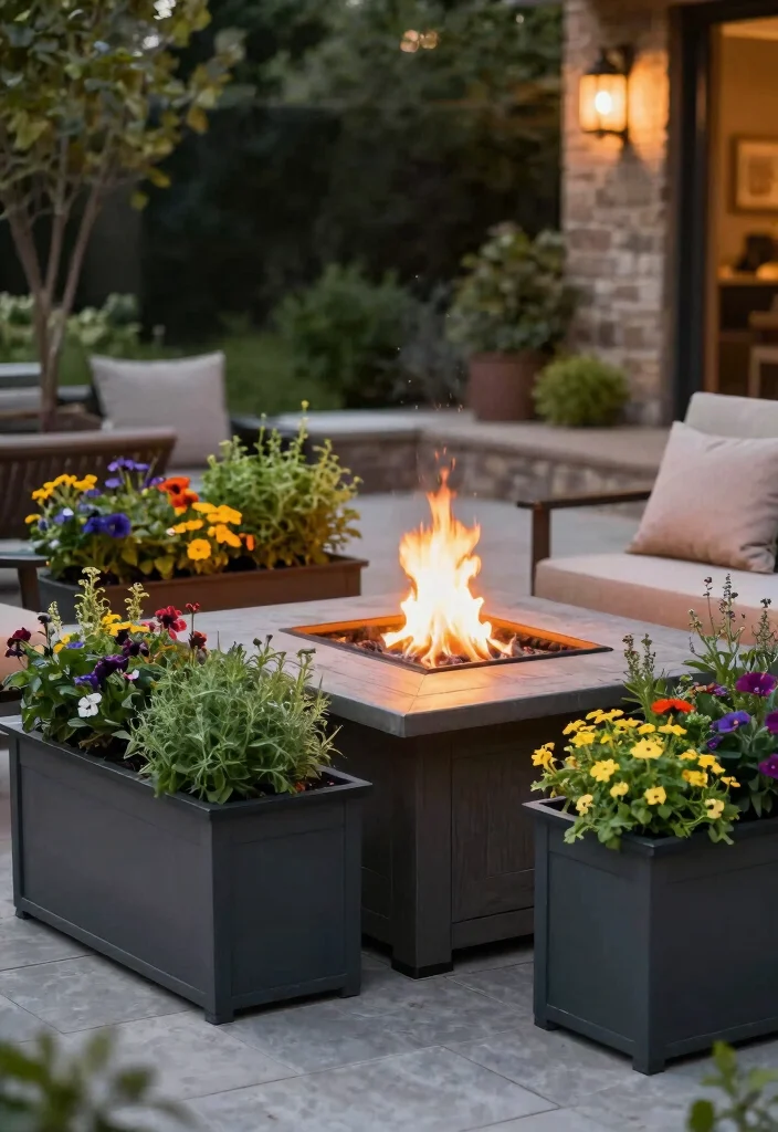 21 Stunning Fire Pit Table Ideas for Outdoor Entertaining 5. Fire Pit Table with Planter Boxes 0