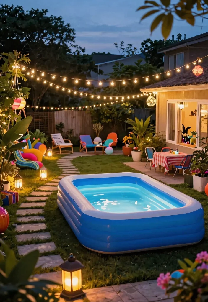 9 Cozy Inflatable Pool Ideas for Your Backyard Movie Night Setup 8 9 Cozy Inflatable Pool Ideas for Your Backyard Movie Night Setup 8. Festive Lighting Setup 0